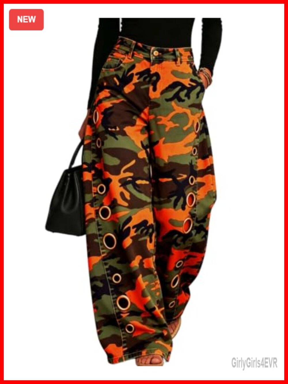 High Waisted Wide Leg Camo Jeans Grommet Eyelet Cutout Baggy Denim Pants